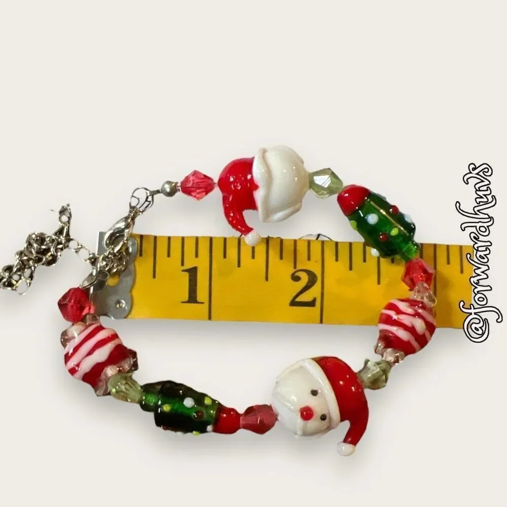 Glass Santa, Tree & Candy Beads On Adjustable Silver Tone Chain Bracelet